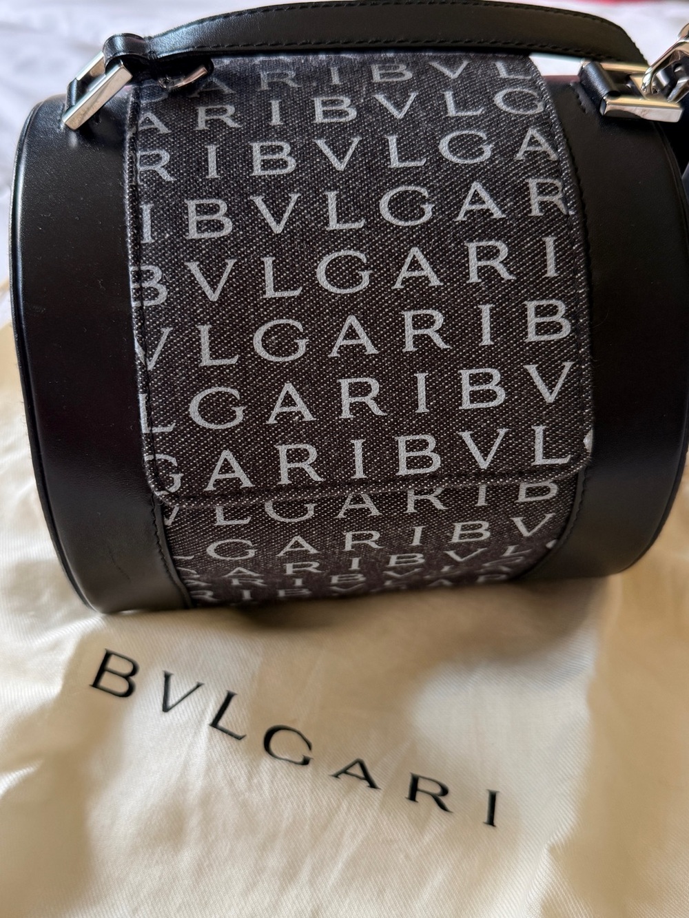 Bulgari Black & White Logo Cylindrical Wristlet Clutch